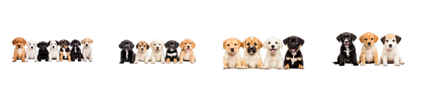Puppies of different breeds sitting in a row, cut out transparent png