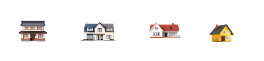 Assorted miniature houses of different styles on a black background, cut out transparent png