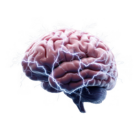 conceptual illustration of brain with electric sparks, symbolizing intense thought or headache. dramatic visual conveys sense of mental strain and creativity png