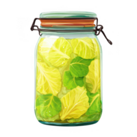 Fermented food jar filled with vibrant green cabbage leaves, showcasing healthy and colorful ingredient. This captures essence of traditional fermentation methods png