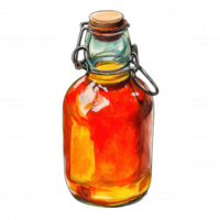 hand drawn illustration of glass bottle filled with vibrant orange beverage, showcasing its unique shape and cork stopper. This artistic representation captures essence of refreshing drinks png