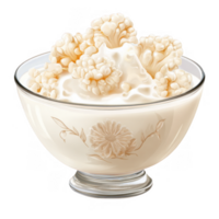 Creamy kefir grains in decorative bowl create delightful visual of fermentation. soft texture and pale color evoke sense of freshness and health png