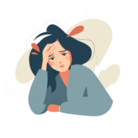 woman with pained expression is resting her head on her hand, conveying sense of distress or headache. illustration features soft colors and minimalistic design, emphasizing her emotional state png