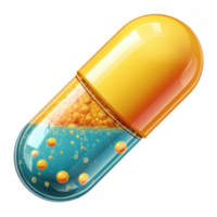 vibrant capsule filled with colorful liquid, showcasing blend of orange and blue elements. This pharmaceutical item represents health and wellness, ideal for various applications png