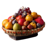 beautifully arranged basket of seasonal fruits, including oranges, grapes, figs, and apples, showcasing vibrant colors and textures that evoke sense of freshness and abundance png