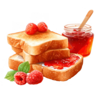 Delicious slices of bread topped with vibrant raspberry jam and fresh raspberries create delightful breakfast scene. warm colors evoke sense of comfort and joy png