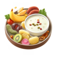 colorful assortment of fruits, vegetables, and snacks arranged round plate, featuring yogurt with seeds, bananas, kiwis, and various sweets. This vibrant display emphasizes healthy eating png