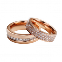 elegante rosa ouro Casamento argolas conjunto apresentando espumante diamantes, perfeito para moderno romance e compromisso. esses caloroso tonificado joalheria peças simbolizar amor e unidade belas png