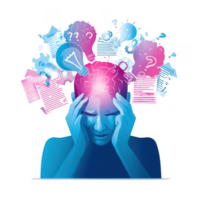 person experiencing headache is depicted with colorful thought bubbles and symbols representing confusion and stress. illustration conveys sense of overwhelm and mental strain png