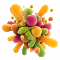 Colorful bacteria cluster, showcasing vibrant spheres and elongated shapes in dynamic arrangement. This 3D render captures essence of microbial life, evoking curiosity and fascination png