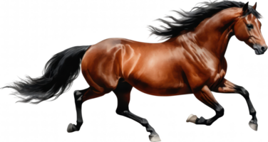 majestic brown horse galloping with flowing mane on transparent background, showcasing its strength and grace. png
