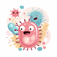 Cute cartoon bacteria with happy expressions, surrounded by colorful elements and abstract shapes, representing healthy gut bacteria and microbiology png