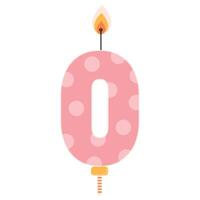 Number 0 birthday cake candle with flame light. Zero symbol for celebration design. Flat design element isolated on white background. vector