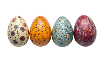 Row of Colorful Speckled Eggs Detail on Transparent Background, Patterned Textures png