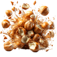 Hazelnuts exploding in a splash of liquid png