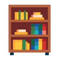 Pixel art style bookshelf with books and decorative items displayed png