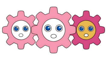 Charming kawaii cogs with expressive faces engaged in playful motion png