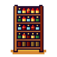 Stylized pixel art depiction of wine rack with colorful bottles and simple design png