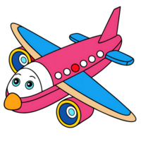 Colorful kawaii airplane with blue wings and round windows on transparent background png