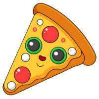 Delightful kawaii pizza slice, adorned with vibrant toppings, beams with a joyful expression png