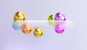 Glass search bar transparent web button. Website ui page frame design. sign element design. Find form empty blur shape. Glossy interface concept. 3d colorful gradient geometric shapes. vector