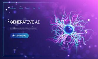 Futuristic technology background with glowing abstract neural network, blue energy sphere, and vibrant electric light trails data flow on a purple gradient background with UI elements. vector