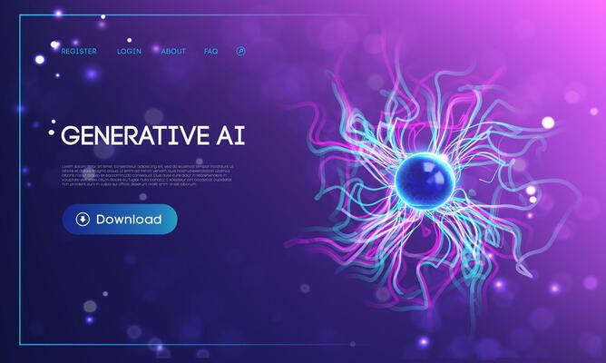 Futuristic technology background with glowing abstract neural network, blue energy sphere, and vibrant electric light trails data flow on a purple gradient background with UI elements.