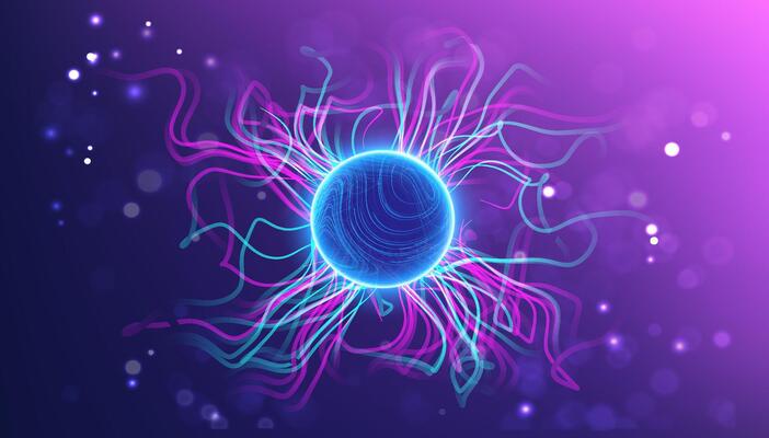 Glowing blue energy sphere with vibrant electric light trails, abstract neural connections, and dynamic electromagnetic waves on a purple gradient background with futuristic aesthetics.