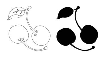 Cherry Outline and Silhouette Illustration with Stem and Leaf vector