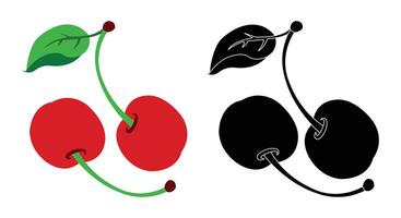 Pair of Ripe Cherries with Stem and Leaf in Color and Black and White vector