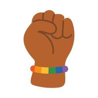 hand with rainbow bracelet in flat design. LGBTQ pride concept. Swarthy fist gesture symbolizing unity and support for LGBT rights. Dark skin. vector