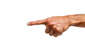A male hand with extended index finger pointing forward on a white background, emphasizing direction, instruction, or command gesture photo
