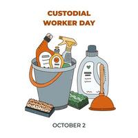Square lovely banner for Custodial Worker Day with cartoon outline housework concept illustration with detergent products in bucket. Minimalistic holiday poster, template for website, social media. vector