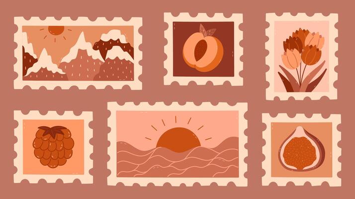 Lovely hand drawn set of sepia postage stamp with serene scenery, summery fruits, tulip. Vintage beige postal label with sundown over the ocean, wintertime mountains. Retro tan mail stickers isolated,