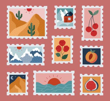 Lovely cartoon set of vibrant postage stamp with picturesque scenery, roses, peach, cherry. Trendy vivid travelling postmark with desert in moonlight, home in snowy mountains, sunrise over the ocean.
