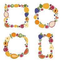 Lovely set with round, square, rectangle frame with summertime tropical fruits and berries in vivid colors for poster, design, social media. Colourful vertical and horizontal fruit border collection. vector