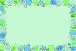Colorful rectangular sea frame made of shells and starfish, hand drawn in cartoon style. vector