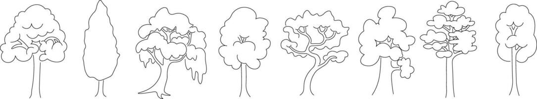 linear trees set in doodle style. vector