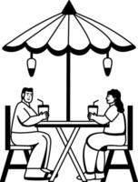 A glyph illustration of two characters sitting at restaurant vector