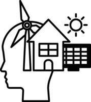 man head with a wind turbine on top and a house below vector