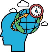 A cartoon drawing of a head with a globe on top and a clock in the middle vector