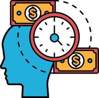 A blue head with a red clock on it and two dollar bills on the right side vector