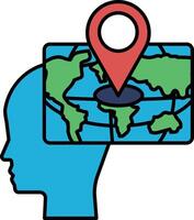 A blue head with a map of the world and a red pin on it vector