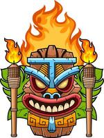 Exotic Tiki Idol With Fire Hair Torch Light And Geometric Patterns vector