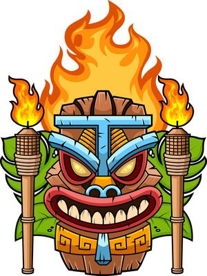 Exotic Tiki Idol With Fire Hair Torch Light And Geometric Patterns