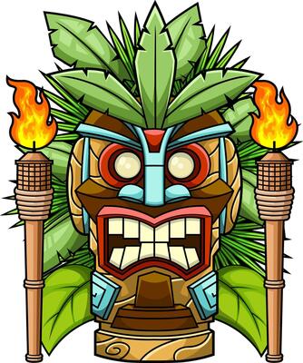 Aggressive Tribal Tiki Face With Fire Torches And Leaf Background