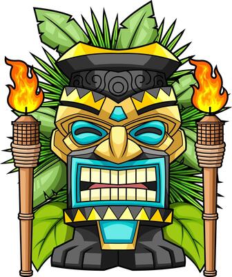 Colorful Tiki Mask With Black And Gold Design Fire Torches And Leaves