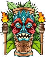 Colorful Tiki Mask With Sharp Teeth Jungle Leaves And Torch Flames vector