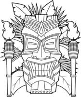Outline Tiki Mask With Angular Details Torch Flames And Leaf Background vector