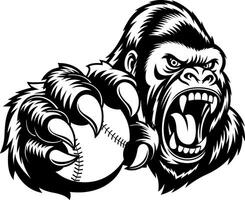 Line Art Gorilla Head With Baseball Ball And Angry Expression vector
